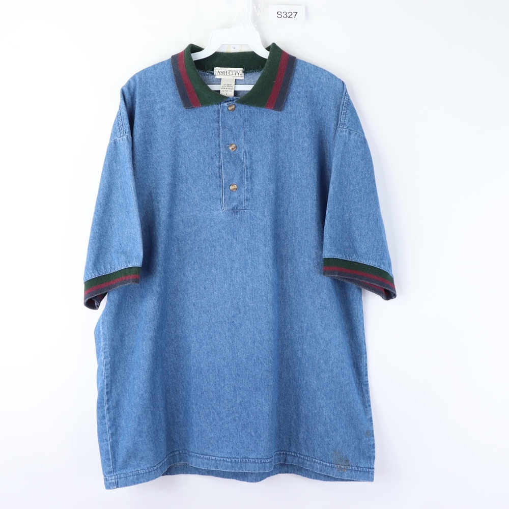 90s Streetwear Mens Large Stripe Denim Polo Shirt
